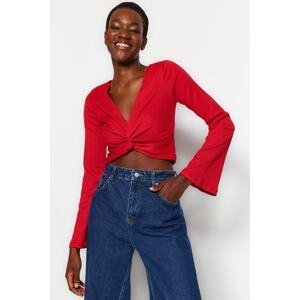 Trendyol Red V Neck Spanish Sleeve Knot Detail Gooseberry/Textured Crop Knitted Blouse