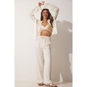 Happiness İstanbul Women's Cream Summer Linen Palazzo Trousers