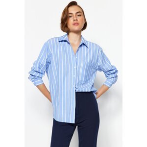 Trendyol Blue Striped Pocketed Oversize/Wide Fit Woven Shirt