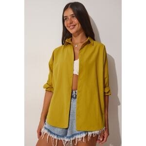Happiness İstanbul Women's Oil Green Oversize Basic Poplin Shirt