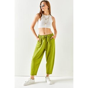 Olalook Women's Oil Green Linen Baggy Pants with Pockets and Stitching Detail