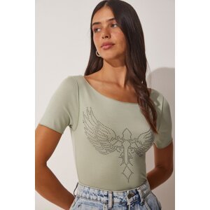 Happiness İstanbul Women's Almond Green Wing Embroidered Viscose Knitted T-Shirt