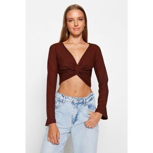 Trendyol Brown V Neck Spanish Sleeve Knot Detail Crepe/Textured Crop Knitted Blouse