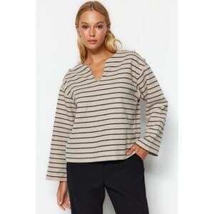 Trendyol Light Beige Striped Thessaloniki/Knitwear Look Pearl Detailed Relaxed/Comfortable Fit Knitted Blouse