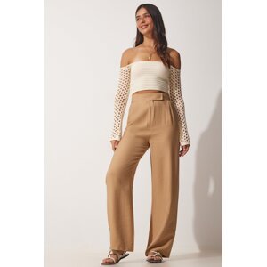 Happiness İstanbul Women's Biscuit Velcro Closure Loose Linen Trousers