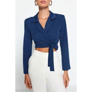 Trendyol Navy Blue Crop Tie Woven Blazer Jacket