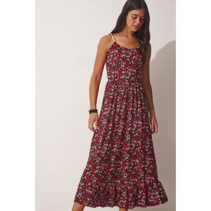 Happiness İstanbul Women's Red Floral Strappy Summer Knitted Dress