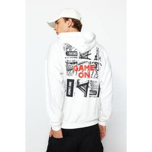 Trendyol Men's Ecru Oversize/Wide-Fit Hoodie Long Sleeve Basketball Printed Cotton Sweatshirt.