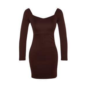 Trendyol Brown Ottoman Gathered Detailed Body Fitted Mini Slit Stretchy Knit Dress