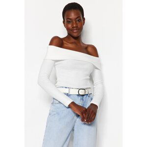 Trendyol Ecru Knitwear Look Carmen Collar Fitted Crop Knitted Blouse