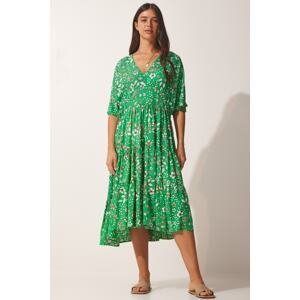 Happiness İstanbul Women's Green Patterned V-Neck Summer Dress