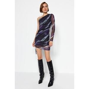 Trendyol Purple Printed Tulle Lined Fitted Mini Single Sleeve Gathered Knitted Dress