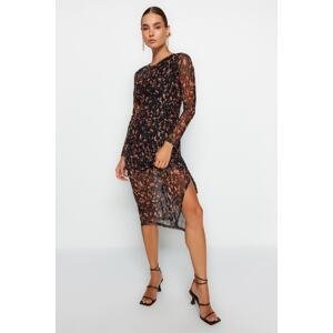 Trendyol Brown Printed Tulle Lined Fitted Gathered Long Sleeve Midi Knitted Dress