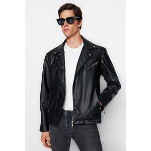 Trendyol Men's Black Regular Fit PU Biker Jacket Coat