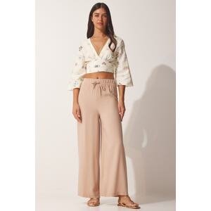 Happiness İstanbul Women's Beige Cotton Viscose Palazzo Trousers