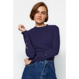 Trendyol Navy Blue Buttoned Ribbed Stand Collar Fitted Cotton Stretch Knitted Blouse