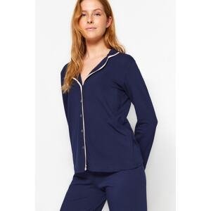 Trendyol Navy Blue Cotton Piping Detailed Shirt-Pants Knitted Pajamas Set