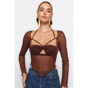 Trendyol Brown Cut Out/Window Detail Tulle Blouse