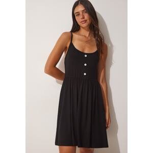 Happiness İstanbul Women's Black Strap Buttoned Summer Viscose Knitted Dress
