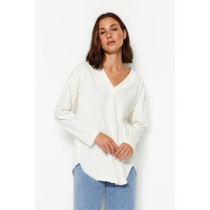Trendyol Ecru Premium V Neck Cotton Regular/Regular Fit Knitted Knitted T-Shirt