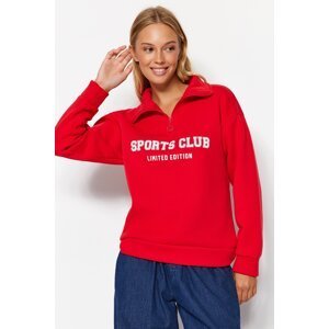 Trendyol Red Oversize/Wide-Fit Motto Zipper High Neck Thick Fleece Sweatshirt