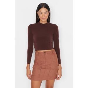 Trendyol Brown High Neck Fitted/Situated Long Sleeve Gathered Elastic Knitted Blouse