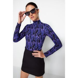 Trendyol Purple Printed Fitted/Situated High Neck Long Sleeve Crepe/Textured Knitted Blouse