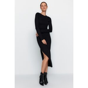 Trendyol Black Crew Neck Fitted Deep Slit Detailed Midi Knitted Dress