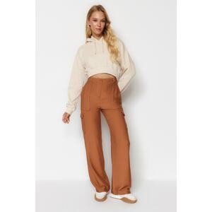 Trendyol Light Brown Cargo Wide Leg Woven Trousers with Contrast Stitching Detail
