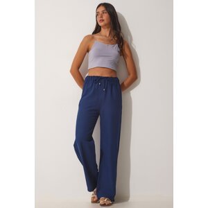 Happiness İstanbul Women's Navy Blue Summer Linen Palazzo Trousers