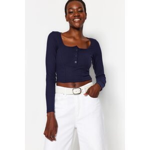 Trendyol Navy Blue Button Detailed Square Neck Fitted Flexible Crop Knitted Blouse