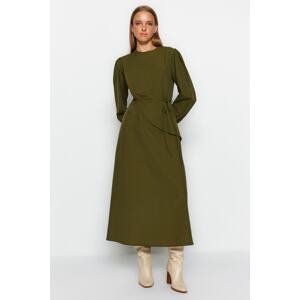 Trendyol Khaki Belted Front Pieced Cotton Woven Dress