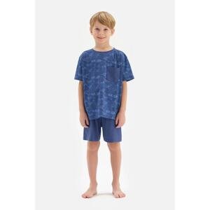 Dagi Navy Blue Size Printed Pocket Detailed Shorts Pajamas Set