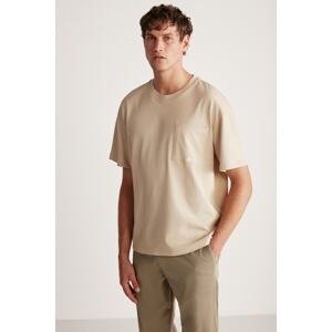 GRIMELANGE Leo Men's Regular Fit Pocket and Ornament Label 100% Cotton Beige T-shirt