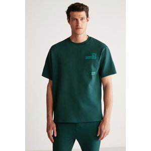 GRIMELANGE Cody Men's Regular Fit Special Textured Thick Fabric Embroidery And Printed Front Green T-shirt