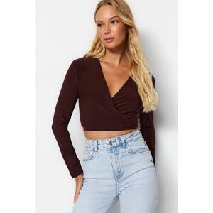 Trendyol Brown Double Breasted Collar Fitted Crop Stretchy Blouse