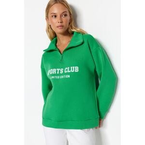 Trendyol Green Oversize/Wide Fit Slogan Zippered High Neck Fleece Inner Sweatshirt