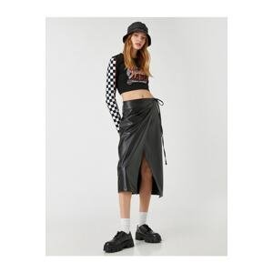 Koton Midi Skirt Leather Look Deep Slit Wrapped Closure
