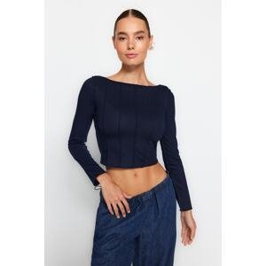 Trendyol Navy Blue Stitching Detailed Carmen Collar Fitted Blouse