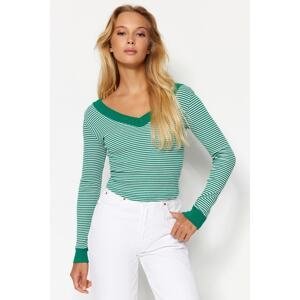 Trendyol Green Striped V-Neck Fitted/Situated Long Sleeve Ribbed Stretch Knitted Blouse