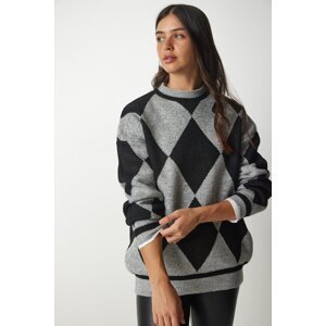 Happiness İstanbul Women's Gray Diamond Pattern Oversize Knitwear Sweater