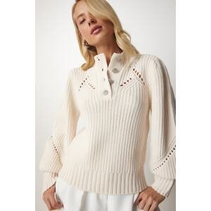 Happiness İstanbul Women's Cream Stylish Buttoned Openwork Knitwear Sweater