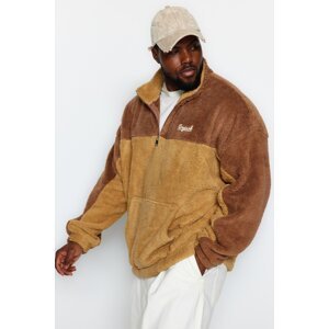Trendyol Camel Unisex Plus Size Oversize/Wide Fit Comfort Color Block Embroidered Zipper Plush Sweatshirt