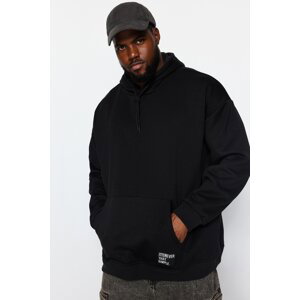 Trendyol Men's Black Plus Size Basic Comfortable Hooded Labeled Fleece Cotton Sweatshirt