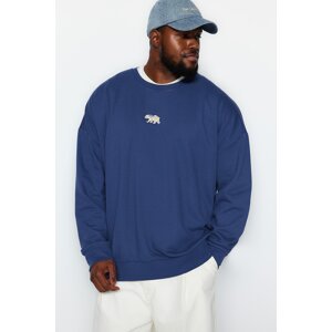 Trendyol Navy Men's Plus Size Oversize/Wide-Fit Comfortable Animal Embroidery Internal Fleece Cotton Sweatshirt