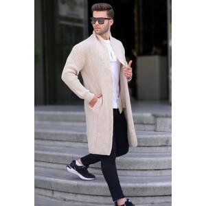 Madmext Stone Color Standing Collar Long Knitwear Cardigan with Pocket 6816