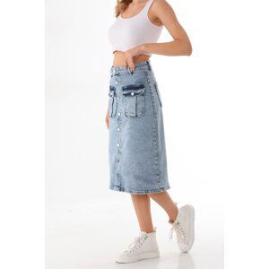 BİKELİFE Blue Cargo Pocket Detailed High Waist Buttoned Denim Skirt