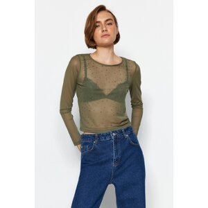 Trendyol Khaki Stone Printed Regular/Normal Fit Long Sleeve Flexible Tulle Knitted Blouse