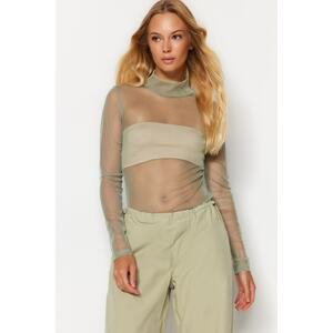 Trendyol Khaki Fitted High Neck Tulle Knitted Blouse