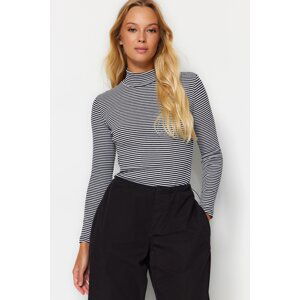 Trendyol Ecru Black Striped Fitted High Collar Long Sleeve Ribbed Stretchy Knitted Blouse